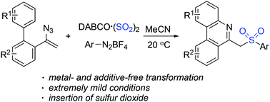Graphical abstract: Synthesis of 6-(sulfonylmethyl)phenanthridines through a reaction of aryldiazonium tetrafluoroborates, sulfur dioxide, and vinyl azides
