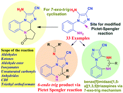 Graphical abstract: Cyclocondensation reactions of an electron deactivated 2-aminophenyl tethered imidazole with mono/1,2-biselectrophiles: synthesis and DFT studies on the rationalisation of imidazo[1,2-a]quinoxaline versus benzo[f]imidazo[1,5-a][1,3,5]triazepine selectivity switches