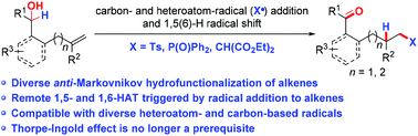 Graphical abstract: Hydrofunctionalization of alkenols triggered by the addition of diverse radicals to unactivated alkenes and subsequent remote hydrogen atom translocation