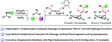 Graphical abstract: Transition-metal-free radical cleavage of a hydrazonyl N–S bond: tosyl radical-initiated cascade C(sp3)–OAr cleavage, sulfonyl rearrangement and atropisomeric cyclopropanation