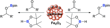 Graphical abstract: Reusable Fe2O3-nanoparticle catalysed efficient and selective hydroboration of carbonyl compounds