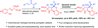 Graphical abstract: Synergistic promotion by intramolecular hydrogen bonding: a bi-functionally catalyzed cascade reaction for the synthesis of enantiopure chromenopyrrolidines