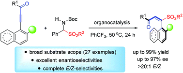 Graphical abstract: Organocatalytic atropo- and E/Z-selective Michael addition reaction of ynones with α-amido sulfones as sulfone-type nucleophile