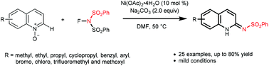 Graphical abstract: Nickel-promoted C(2)–H amidation of quinoline N-oxides with N-fluorobenzenesulfonimide
