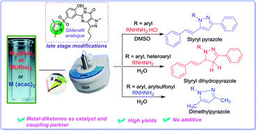 Graphical abstract: Direct N-heterocyclization of hydrazines to access styrylated pyrazoles: synthesis of 1,3,5-trisubstituted pyrazoles and dihydropyrazoles
