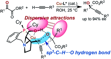 Graphical abstract: Enantiocontrol by assembled attractive interactions in copper-catalyzed asymmetric direct alkynylation of α-ketoesters with terminal alkynes: OH⋯O/sp3-CH⋯O two-point hydrogen bonding combined with dispersive attractions