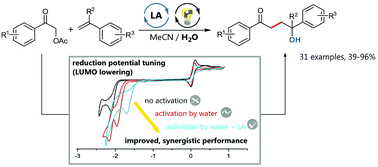 Graphical abstract: A synergistic LUMO lowering strategy using Lewis acid catalysis in water to enable photoredox catalytic, functionalizing C–C cross-coupling of styrenes