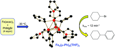 Graphical abstract: Multinuclear iron–phenyl species in reactions of simple iron salts with PhMgBr: identification of Fe4(μ-Ph)6(THF)4 as a key reactive species for cross-coupling catalysis
