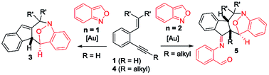 Graphical abstract: Gold-catalyzed (4+3)-annulations of 2-alkenyl-1-alkynylbenzenes with anthranils with alkyne-dependent chemoselectivity: skeletal rearrangement versus non-rearrangement