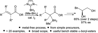 Graphical abstract: Reductive α-borylation of α,β-unsaturated esters using NHC–BH3 activated by I2 as a metal-free route to α-boryl esters