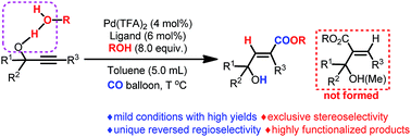 Graphical abstract: Hydroxy group-enabled highly regio- and stereo-selective hydrocarboxylation of alkynes