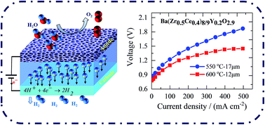 Graphical abstract: Efficient intermediate-temperature steam electrolysis with Y : SrZrO3–SrCeO3 and Y : BaZrO3–BaCeO3 proton conducting perovskites
