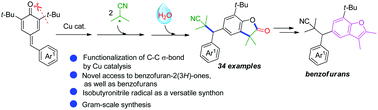 Graphical abstract: Copper-catalyzed radical cascades of para-quinone methides with AIBN and H2O via α-cyanoalkylation by C–C bond cleavage: new access to benzofuran-2(3H)-ones