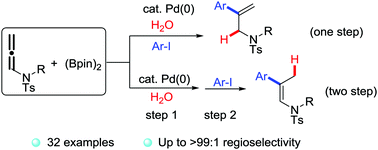 Graphical abstract: A palladium-catalyzed regiocontrollable hydroarylation reaction of allenamides with B2pin2/H2O