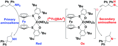 Graphical abstract: Zirconium complexes supported by a ferrocene-based ligand as redox switches for hydroamination reactions