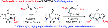 Graphical abstract: Development of BODIPY dyes with versatile functional groups at 3,5-positions from diacyl peroxides via Cu(ii)-catalyzed radical alkylation