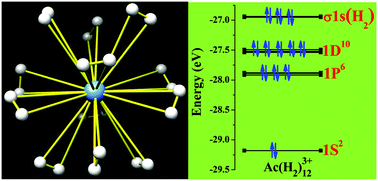Graphical abstract: Predicted M(H2)12n+ (M = Ac, Th, Pa, U, La and n = 3, 4) complexes with twenty-four hydrogen atoms bound to the metal ion