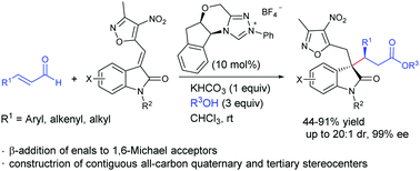 Graphical abstract: N-Heterocyclic carbene-catalyzed β-addition of enals to 3-alkylenyloxindoles: synthesis of oxindoles with all-carbon quaternary stereocenters