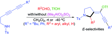 Graphical abstract: Alkyne aza-Prins cyclization of N-(hexa-3,5-diynyl)tosylamides with aldehydes using triflic acid and a binuclear aluminum complex