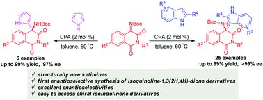 Graphical abstract: Enantioselective synthesis of isoquinoline-1,3(2H,4H)-dione derivatives via a chiral phosphoric acid catalyzed aza-Friedel–Crafts reaction