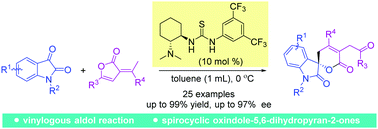 Graphical abstract: Highly enantioselective sequential vinylogous aldol reaction/transesterification of methyl-substituted olefinic butyrolactones with isatins for the construction of chiral spirocyclic oxindole-dihydropyranones