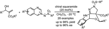 Graphical abstract: A chiral squaramide-catalyzed asymmetric dearomative tandem annulation reaction through a kinetic resolution of MBH alcohols: highly enantioselective synthesis of three-dimensional heterocyclic compounds