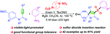 Graphical abstract: Visible-light promoted one-pot synthesis of sulfonated spiro[4,5]trienones from propiolamides, anilines and sulfur dioxide under transition metal-free conditions
