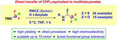 Graphical abstract: Highly chemoselective difluoromethylative homologation of iso(thio)cyanates: expeditious access to unprecedented α,α-difluoro(thio)amides