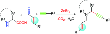 Graphical abstract: Divergent synthesis of N-heterocyclic 1,6-enynes through a zinc-catalyzed decarboxylative A3 reaction