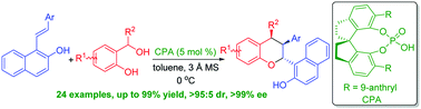 Graphical abstract: Catalytic asymmetric [4+2] cycloaddition of 1-((2-aryl)vinyl)naphthalen-2-ols with in situ generated ortho-quinone methides for the synthesis of polysubstituted chromanes