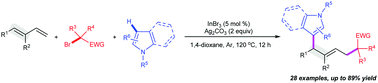 Graphical abstract: Indium controlled regioselective 1,4-alkylarylation of 1,3-dienes with α-carbonyl alkyl bromides and N-heterocycles