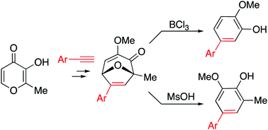 Graphical abstract: Synthesis of aryl-substituted 2-methoxyphenol derivatives from maltol-derived oxidopyrylium cycloadducts through an acid-mediated ring contraction cascade