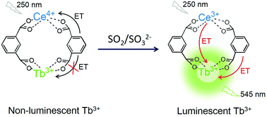 Graphical abstract: A reaction-triggered luminescent Ce4+/Tb3+ MOF probe for the detection of SO2 and its derivatives