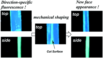 Graphical abstract: Direction-specific fluorescence of an engineered organic crystal and the appearance of a new face caused by mechanically induced shaping