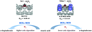 Graphical abstract: Role of Sn promoter in Ni/Al2O3 catalyst for the deoxygenation of stearic acid and coke formation: experimental and theoretical studies