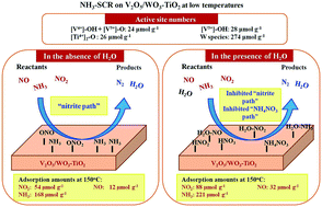 Graphical abstract: The effects of H2O on a vanadium-based catalyst for NH3-SCR at low temperatures: a quantitative study of the reaction pathway and active sites