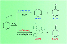 Graphical abstract: Investigation of the effects of phosphorus on the selective hydrodeoxygenation of anisole over an Fe/SiO2 catalyst