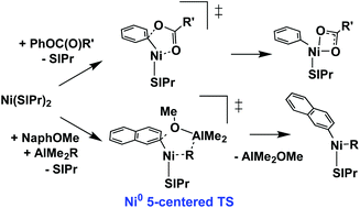 Graphical abstract: Aryl C–O oxidative addition of phenol derivatives to nickel supported by an N-heterocyclic carbene via a Ni0 five-centered complex
