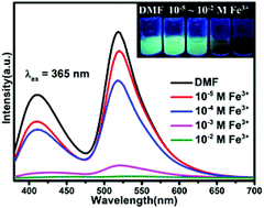 Graphical abstract: Fabrication of a dual-emitting dye-encapsulated metal–organic framework as a stable fluorescent sensor for metal ion detection