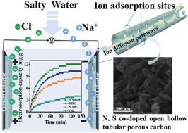 Graphical abstract: High-performance water desalination of heteroatom nitrogen- and sulfur-codoped open hollow tubular porous carbon electrodes via capacitive deionization