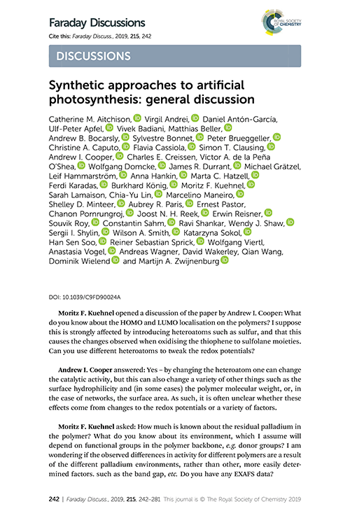 Synthetic approaches to artificial photosynthesis: general discussion