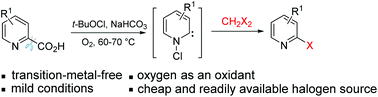 Graphical abstract: Transition-metal-free decarboxylative halogenation of 2-picolinic acids with dihalomethane under oxygen conditions