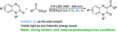Graphical abstract: Visible-light-induced decarboxylative acylation of quinoxalin-2(1H)-ones with α-oxo carboxylic acids under metal-, strong oxidant- and external photocatalyst-free conditions