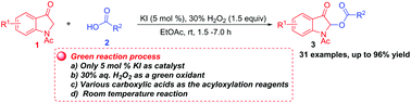 Graphical abstract: Direct C(sp3)–H acyloxylation of indolin-3-ones with carboxylic acids catalysed by KI