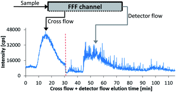 Graphical abstract: A novel approach for determination of the dissolved and the particulate fractions in aqueous samples by flow field flow fractionation via online monitoring of both the cross flow and the detector flow using ICP-MS