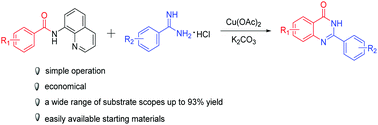 Graphical abstract: Copper-mediated synthesis of quinazolin-4(3H)-ones from N-(quinolin-8-yl)benzamide and amidine hydrochlorides