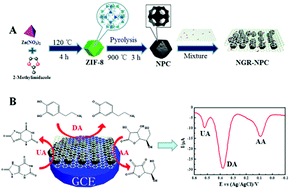 Graphical abstract: A ZIF-8 derived nitrogen-doped porous carbon and nitrogen-doped graphene nanocomposite modified electrode for simultaneous determination of ascorbic acid, dopamine and uric acid
