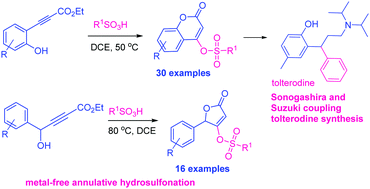 Graphical abstract: Metal-free annulative hydrosulfonation of propiolate esters: synthesis of 4-sulfonates of coumarins and butenolides
