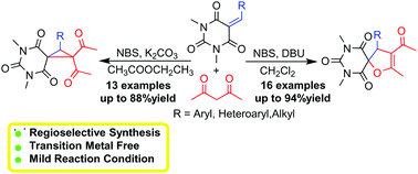 Graphical abstract: Chemoselective syntheses of spirodihydrofuryl and spirocyclopropyl barbiturates via cascade reactions of barbiturate-based olefins and acetylacetone
