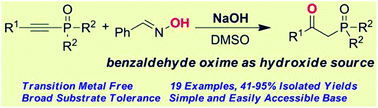 Graphical abstract: An efficient preparation of β-ketophosphine oxides from alkynylphosphine oxides with benzaldehyde oxime as a hydroxide source